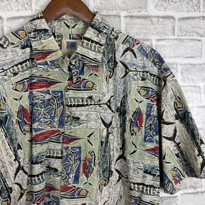 Kahala AVI Collection Mens XL Hawaiian Shirt Fish Marlin Print Cotton Green Blue